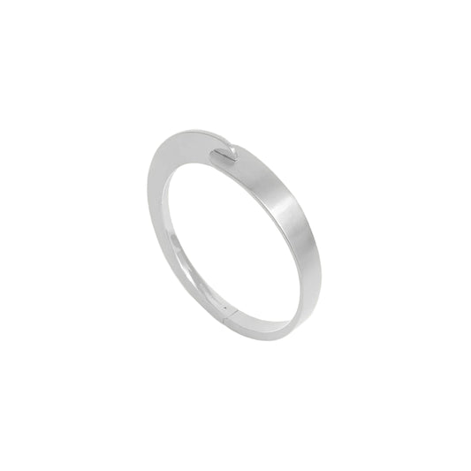 A silver-colored bangle bracelet with a brushed finish and an interlocking closure, displayed against a white background.