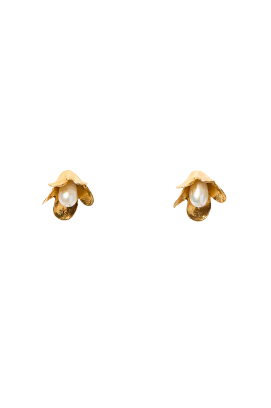 gold and pearl flower post earrings