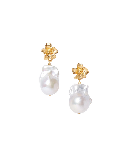 Gold Hibiscus Pearl Drop Earrings