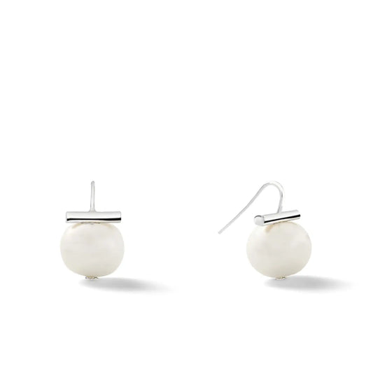 Medium Pebble Pearl Earrings | White and Silver