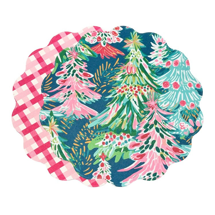 VIDA Holiday Trees and Preppy Plaid Reversible Round Placemats Set of 4 (Pink & Green)