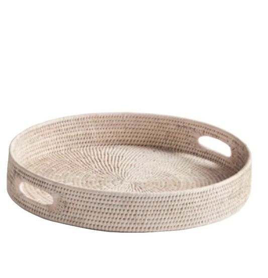 Medium Round Whitewash Rattan Serving Tray
