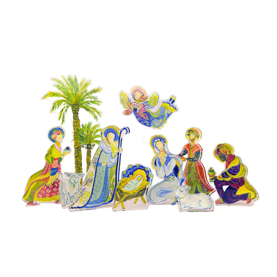 Small Nativity Bundle 8 small shelf-sitters, angel, tree and two small stands.