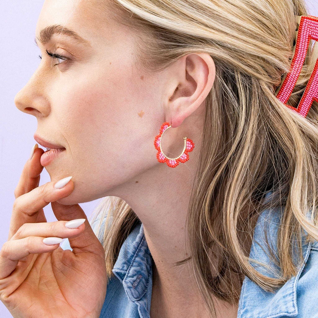 Luna Scalloped Gold Hoop Earrings | Red + Pink