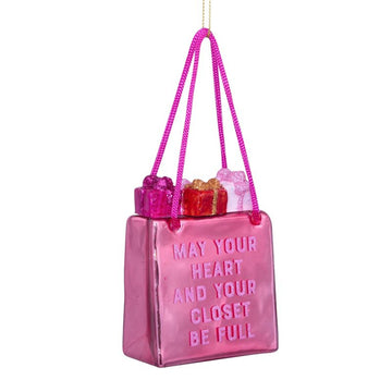 Ornament glass orange pink shopping bag H3.25"