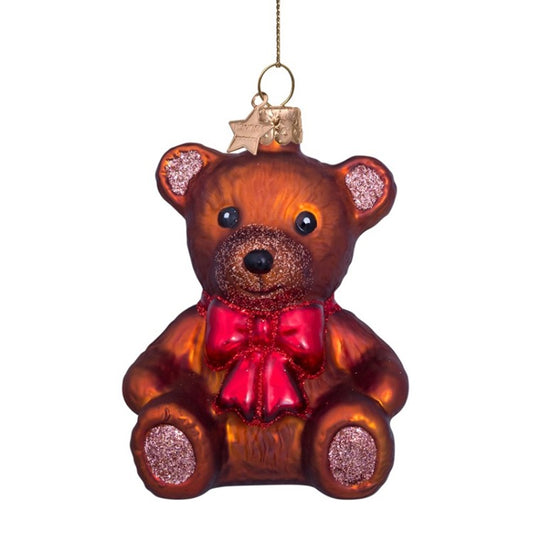 Ornament glass brown teddy bear wred bow H3.25"