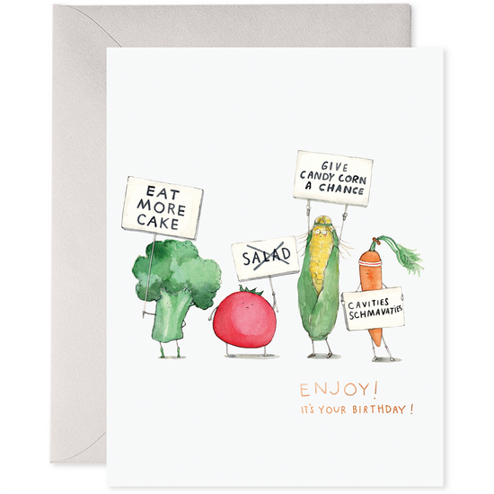 greeting card, stationary, birthday, birthday card, veggies, broccoli, salad, cake, candy corn, corn, carrot