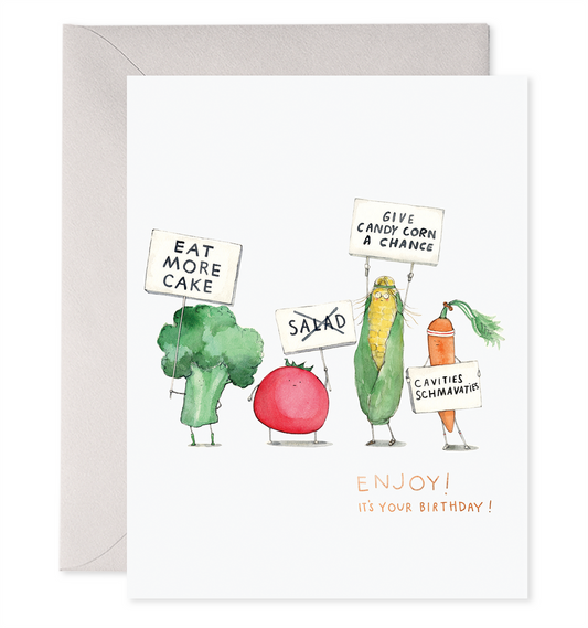 greeting card, stationary, birthday, birthday card, veggies, broccoli, salad, cake, candy corn, corn, carrot