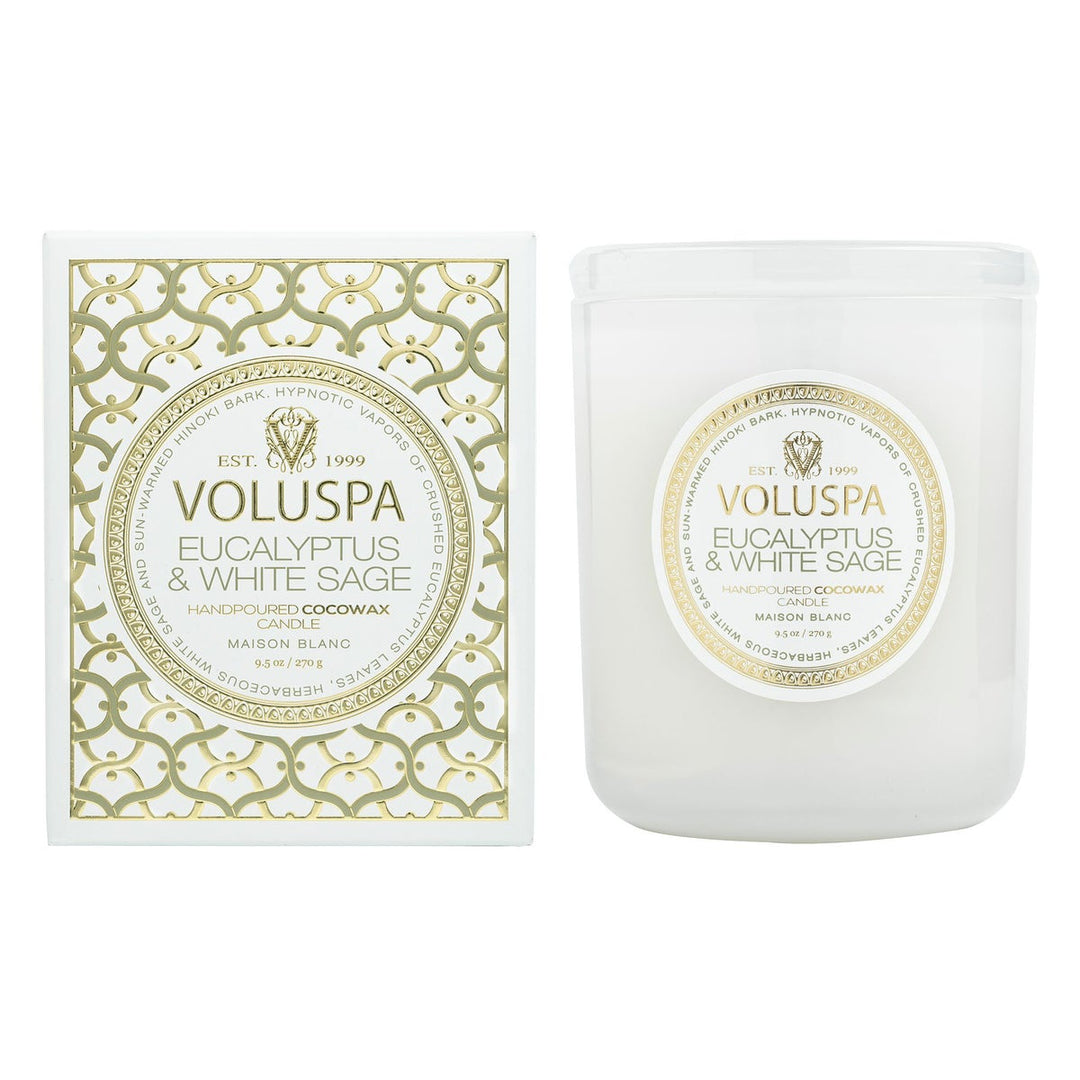 candle, voluspa, eucalyptus and white sage, coconut wax, home fragrance