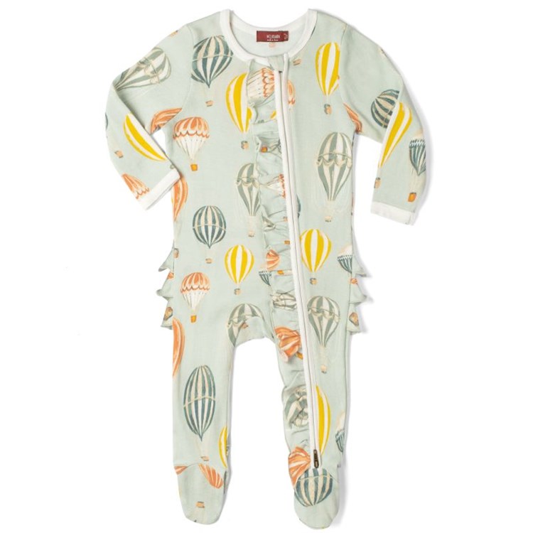Organic Ruffle Zipper Footed Romper Vintage Balloons 0-3M